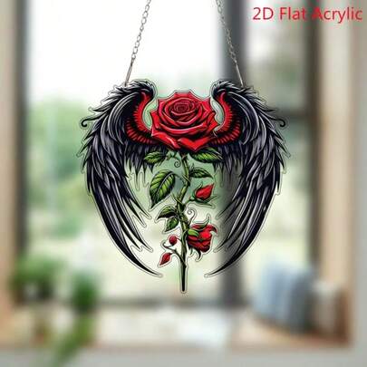 2D Flat Acrylic Suncatcher, Rose With Black Wings Window Hanging, Gothic Heart-Shaped Ornament, Home Wall Decor, Memorial Gift, Stained Glass Style Pendant, Indoor Outdoor Art Decoration