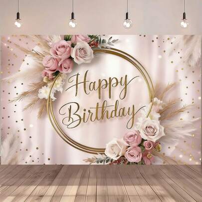 1pc Gold Glitter Flower Happy Birthday Party Banner, For Indoor Celebrations, Birthday Party Decorations, Anniversaries, Family Gatherings, Parties, Photo Props, Gifts, And Event Planning Essentials