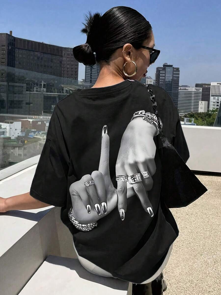 大尺碼女款黑色T恤 - 洛杉磯手勢印花,時尚Y2K街頭風,舒適百搭,休閒街頭穿搭,秋季上衣夏季 - 黑色 - 查看 1
