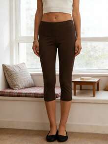 Womens Solid Color Low Rise Capri Pants Fold Over Waistband Slim Fit Cropped Pants Trousers Summer For Yoga Exercise Fitness - 紅棕色 - 查看 3