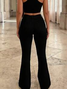 Women's Mid-Rise Flared Jeans, Sexy Ripped Elastic Raw Hem Denim Flared Pants, Casual Wear Fashion Trousers - TC08324黑色 - 查看 2