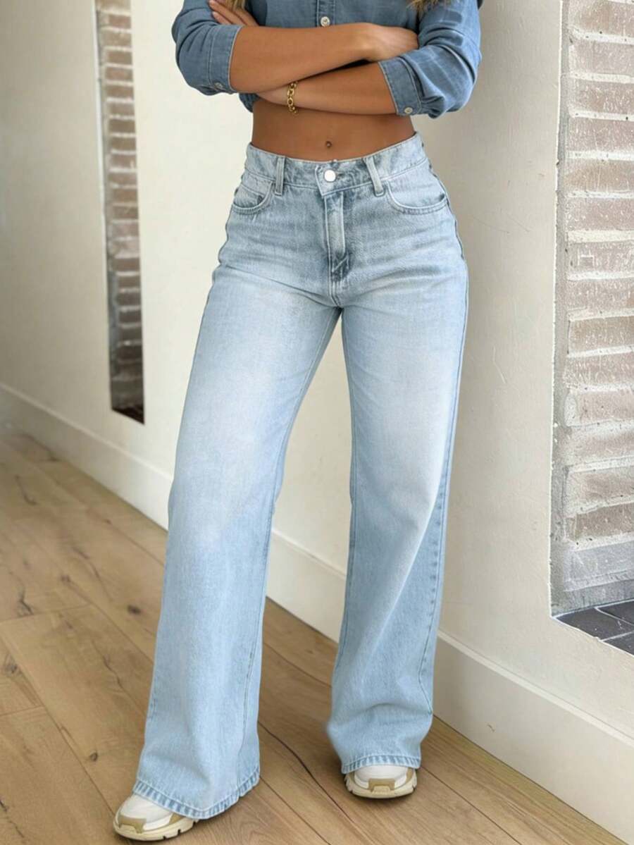 Quần jeans ống đứng dáng thường ngày cho nữ, chất liệu denim mài. - Rửa nhẹ - Xem 1