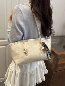 1PC Soft Long Tote Bag With Dual Same-Material Long Shoulder Straps, Knot Metal Closure Decor, Badminton-Shaped Woven Strap Charm, Embossed Letter Logo, Gentle Girl Style Commuter Knot Handbag Design, Convertible Shoulder And Underarm Two-Way Bag, Versatile College Style Commuter School Bag For Women Soft Long Tote Bag Long Dual Handle Shoulder Bag - White - View 6