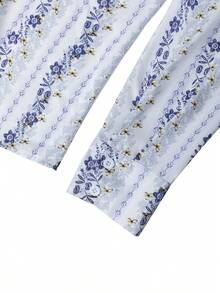 优雅舒适的通勤修身女士条纹翻领衬衫，条纹前开襟纽扣度假衬衫 - 淺藍色 - 查看 7