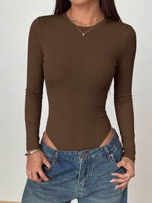 Women Spring Bodysuits For Long Sleeve Shirts Fitted Basic Ribbed Layering Bodys Tops Fall Fashion Winter Clothes Brown Vacation Rompers Outfits For Women - Brown - View 5