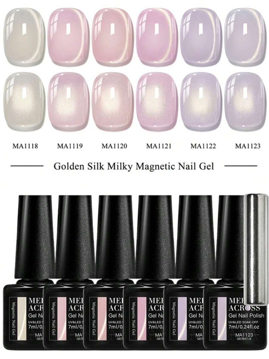MEET ACROSS 6pcs Golden Silk Milky Cat Eye Gel Nail Polish Set With Magnet Stick, 7ml Nude Pink Gold Light Jelly Glass Beads Effect Cat Magnetic Gel Polish , Semi Permanent Soak Off UV Gel Varnish For Summer Nails, Manicure Nail Art DIY For Home And Salon Nail Supplies - 彩色 - 查看 1