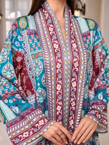 中东风格V领图案女式长袍 - 彩色 - 查看 5