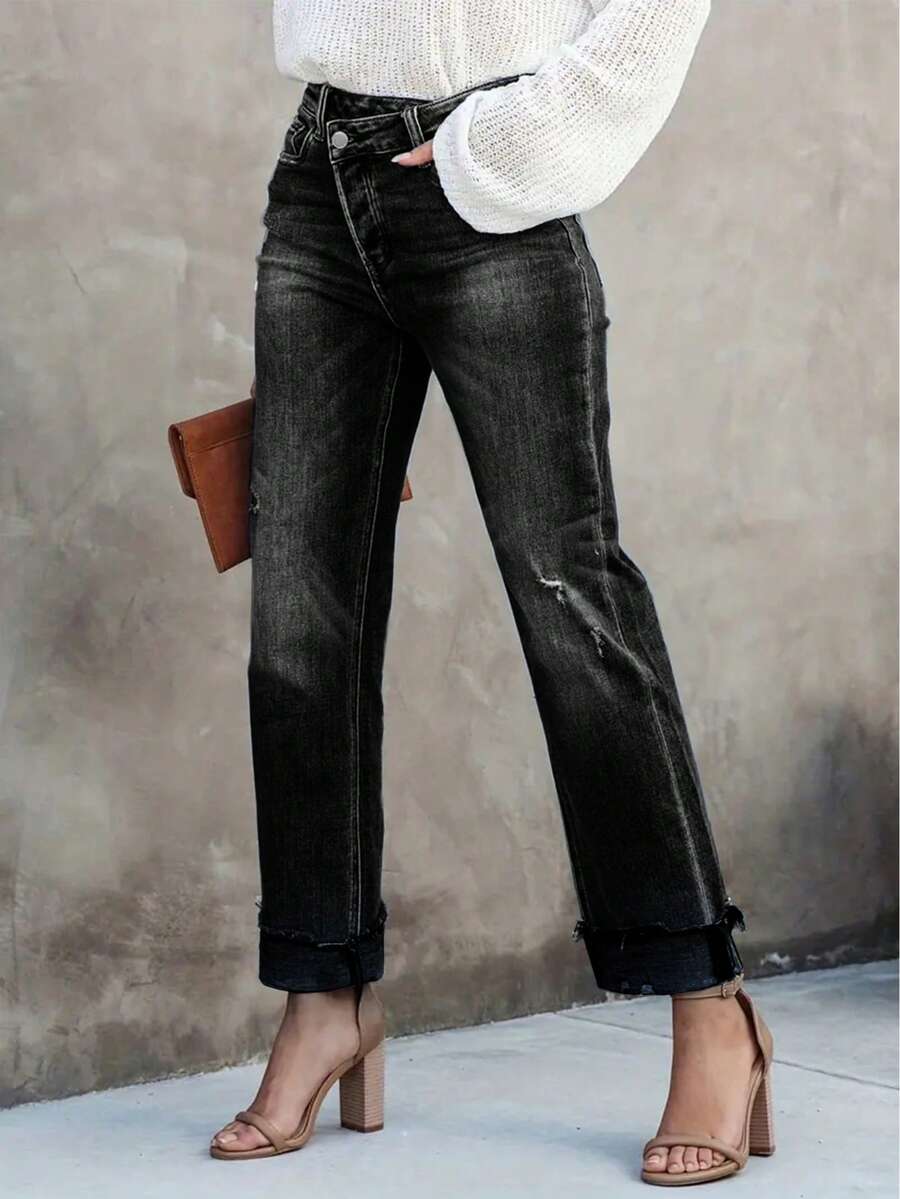 Quần jeans nữ dáng suông, ôm vừa vặn, thoải mái với họa tiết râu mèo, chất liệu denim co giãn vừa phải, nhẹ, thiết kế nút cài và khóa kéo, chiều dài phù hợp cho mặc hàng ngày, màu đen mùa xuân. - màu đen - Xem 1