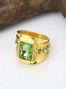 1pc Men's Fashion Elegant Light Green Zirconia Ring, Wedding Engagement Party Jewelry Gift - Gold - View 4