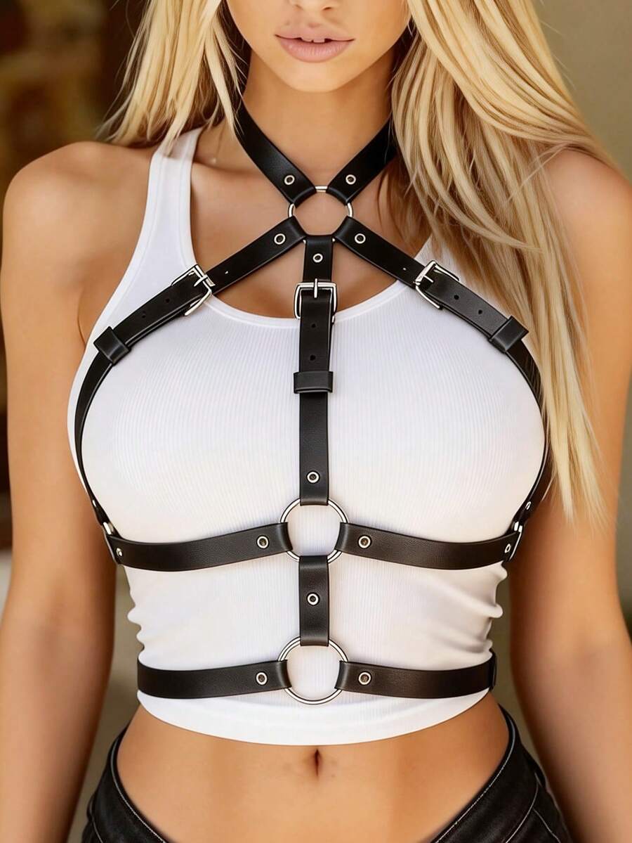 1pc Women's Faux Leather Body Harness With O-Ring Buckle, Punk Gothic Chest Harness For Festival Rave Party Clubwear - 彩色 - 查看 1