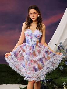 Faeriesty Vestido tubo de verano con estampado floral elegante y ribete de encaje - Multicolor - Ver 8