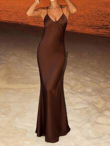 PoPoHouse 女士优雅缎面连衣裙，性感露背深V领修身长裙，夏季度假正式婚礼宾客派对外出棕色连衣裙 - 棕色 - 查看 3