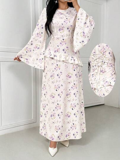Women's Floral Print Round Neck Long Sleeve Ruffle Hem Elegant Arabic Style Dress