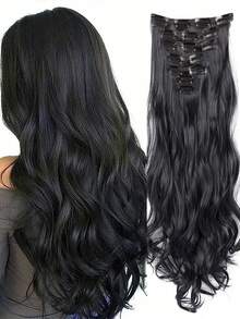 امتدادات شعر مموجة بطول 32 بوصة، 7 قطع/مجموعة، قطع شعر سميكة، تصميم مشبك غير مرئي، ألياف صناعية ناعمة، لون أسود، للنساء - متعدد الألوان - مشاهدة 14