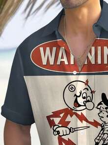 Camisa hawaiana de manga corta con botones y estampado de advertencia de descarga eléctrica divertida y retro para hombres - Azul Marino - Ver 3