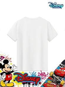 This White Short-Sleeved T-Shirt For Boys Aged 3-12 Features A Cars-Themed Print On The Front, With "Lightning McQueen" In Red Artistic Lettering At The Top. The Main Design Includes Images Of Lightning McQueen, Mater, Sally, And Other Characters' Cars, Set Against A Black And White Checkered Racing Flag Background. The Bottom Displays The "Cars" Logo. It Can Be Paired With Wide-Leg Jeans, Cargo Shorts, Casual Sweatpants, Or Athletic Joggers, Making It Suitable For Various Occasions Such As Disneyland Visits, Family Outings, School Days, Outdoor Parties, And Racing-Themed Events, Meeting The Needs Of Boys For Both Everyday Wear And Themed Activities. - White - View 3
