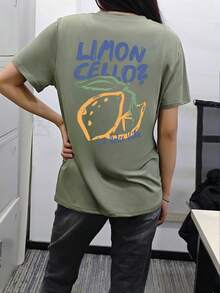 女士夏季新款柠檬图案字母印花圆领短袖T恤，休闲宽松百搭上衣，时尚日常穿着 - 草綠 - 查看 2