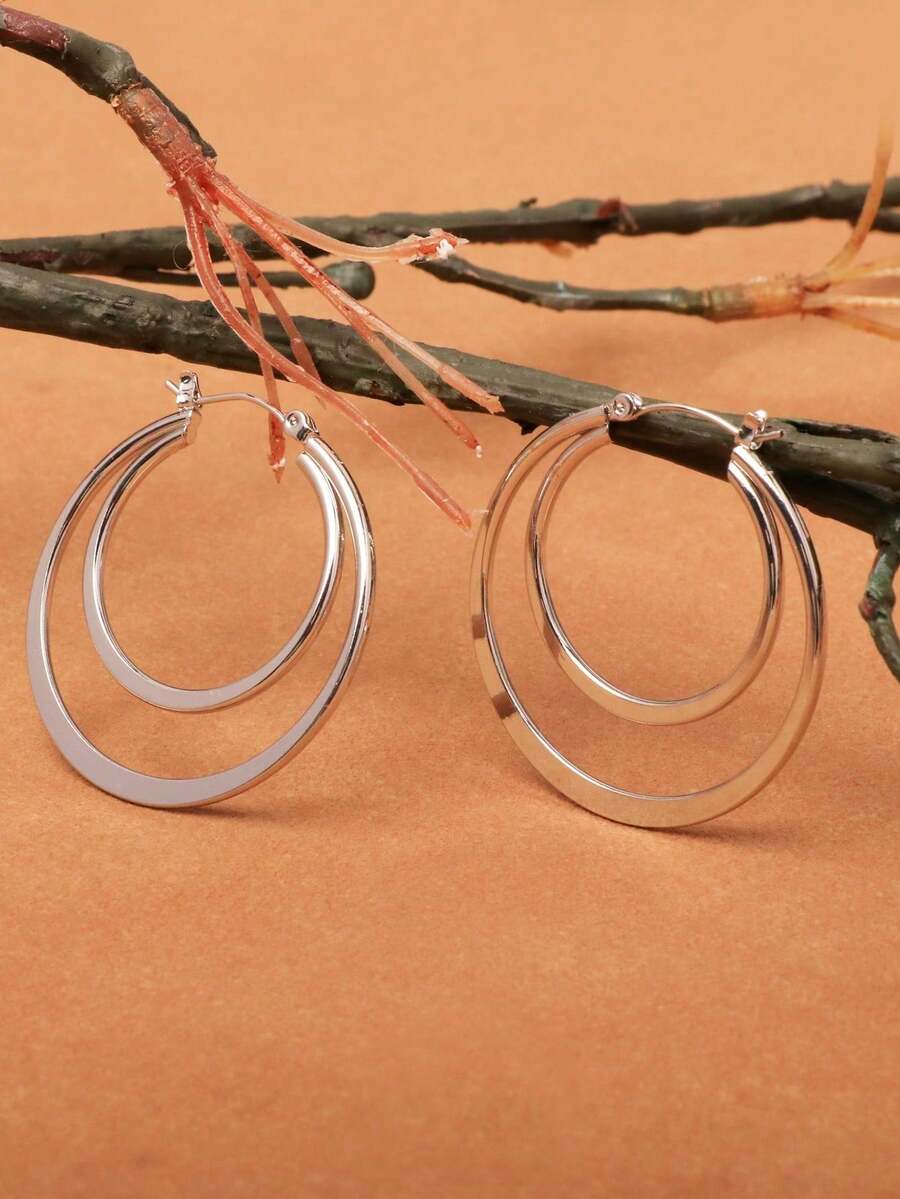 1 par de pendientes de aro redondo de doble capa para mujer, adecuados para uso diario - plata - Ver 1