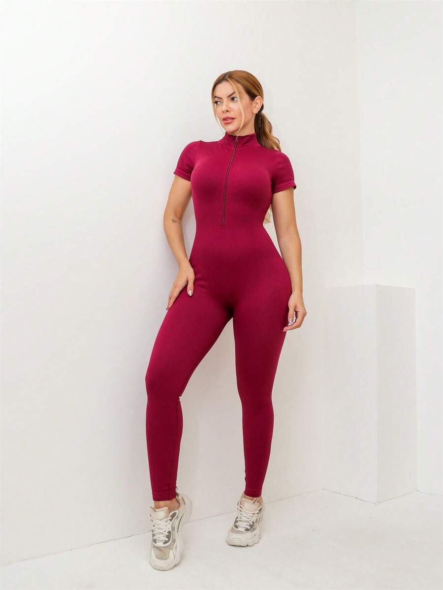 Women's Ribbed Sports Jumpsuit, Polyamide, Elastic, Imported, 3RD SD1485 - Burgundy - View 1