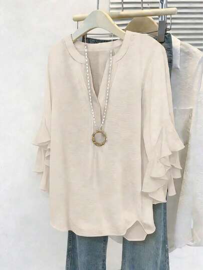 Plus Size Women V-Neck Chiffon Blouse, Ruffle Hem Loose Top, Gentle & Versatile Shirt Suitable For Dates