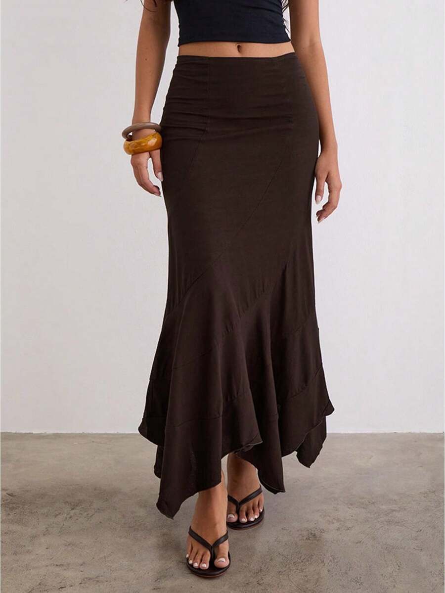 Women's Asymmetrical Ruffle Hem Maxi Skirt - High Waist Flowy Skirt With Soft Woven Fabric For Spring  Summer Date  Casual Outings - Reddish Brown - View 1