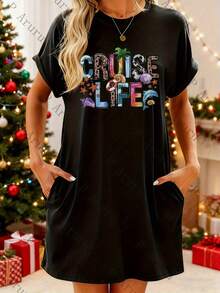 Overseas Heat Transfer Women's Casual Pattern Printed Pocket-Shirt Dress - Short-Sleeved, Round-Neck, Medium Stretch, Washable, Suitable Spring And Summer Daily Fashion, Inspired By Designers, Comfortable To Wear | Elegant Casual Wear |   Fashion Design |   |   Holiday Payment N6BP - 杏色 - 查看 4