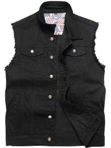 Keevoom Men's Black Denim Vest Vintage Casual Jean Jacket Sleeveless Outerwear - 黑色 - 查看 8