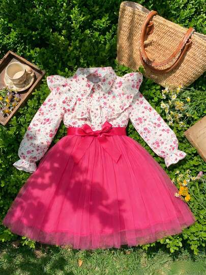Young Girl Floral Print Mesh Long Sleeve Dress With Waist Belt