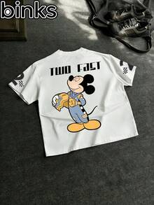 Disney Binks (Double-Sided Printing): A Cartoon Printed Short Sleeved T-Shirt With Mickey Mouse Racing Retro Elements, A High Street  Brand Loose Short Sleeved T-Shirt. Spring And Summer Fashionable Versatile Top, Holiday Gift, Vintage Print. - trắng - Xem 3