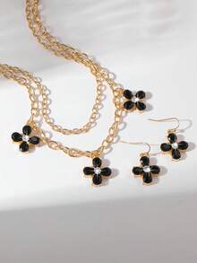Elegant Floral Pendant Necklace And Earrings Jewelry Set - Black - View 4