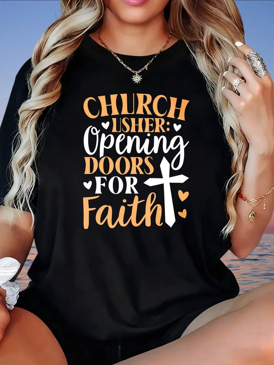 Church Usher Opening Doors For Faith Christian Cross T Shirt Women Religious Faith Clothing Gospel Ministry GiftLadies' Outdoor T-Shirt, 220g - 黑色 - 查看 1
