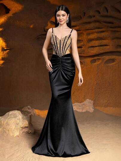 ALISA&LEO Satin Finish Evening Dress - With Beaded Shoulder Straps And Bodice, Zipper Back, Flowing Mermaid Skirt - Suitable For Attending Balls, School Dances, Birthday Parties And Weekend Social Events
