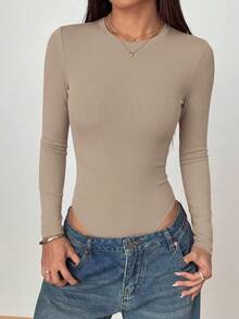 Women Spring Bodysuits For Long Sleeve Shirts Fitted Basic Ribbed Layering Bodys Tops Fall Fashion Winter Clothes Light Khaki Vacation Rompers Outfits For Women - Light Khaki - View 5