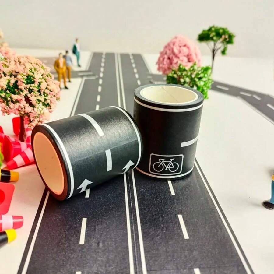 可重复使用的卡通道路贴纸 | 黑色聚氨酯胶带,适用于派对赛车装饰,预涂胶光亮表面,汽车主题装饰贴纸,自粘胶带,道路胶带,装饰胶带,多用途胶带,无残留,低残留胶带,无痛易撕,可粘贴于地板和墙壁,适用于笔记本电脑、手机壳、剪贴簿、水瓶、派对、信封等。 - 多色 - 查看 1