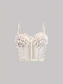 Sexy Nightclub Party Handmade Pearl & Rhinestone Bustier Crop Top, Revealing Backless Spaghetti Strap Tank Top For Clubwear - Apricot - View 5