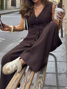 PoPoHouse 女士优雅两件套无袖纽扣背心宽松阔腿裤套装日常休闲夏季办公商务装度假外出装棕色女式套装 - 棕色 - 查看 2