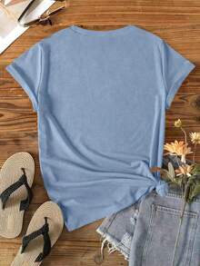 Women's Spring/Summer Corgi & Blue Floral Print T-Shirt, Mother's Day Gift Casual - Dusty Blue - View 2