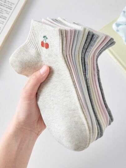 5 Pairs Women's Cute Sweet Breathable Cherry, Bow, Apple, Ice Cream Pattern Short Invisible Socks, Ankle Socks, INS Style Fashion Socks, White Socks, Pink Socks, Suitable For Daily Casual Wear In Spring, Summer, Autumn And Winter