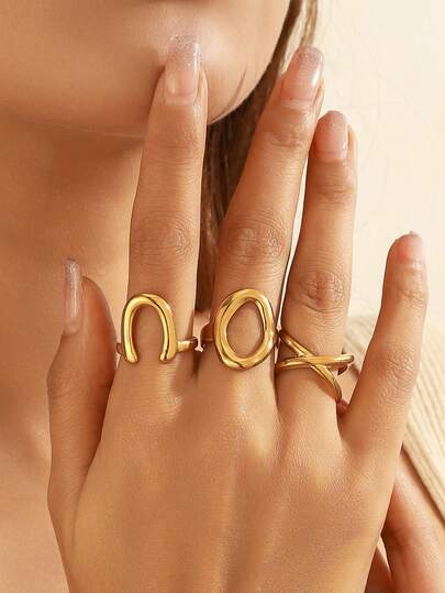  3pcs Set 18K 316L Stainless Steel Hollow Circle Cross Flower U-Shaped Ring Set, Gold Personalized Ring Suitable For Women's Daily Wear
