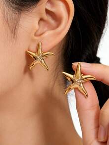 1 Pair Zinc Alloy Starfish Earrings, Suitable For Women To Wear On Vacation, Dates, Parties, Weddings, And Banquets - Yellow Gold - View 7