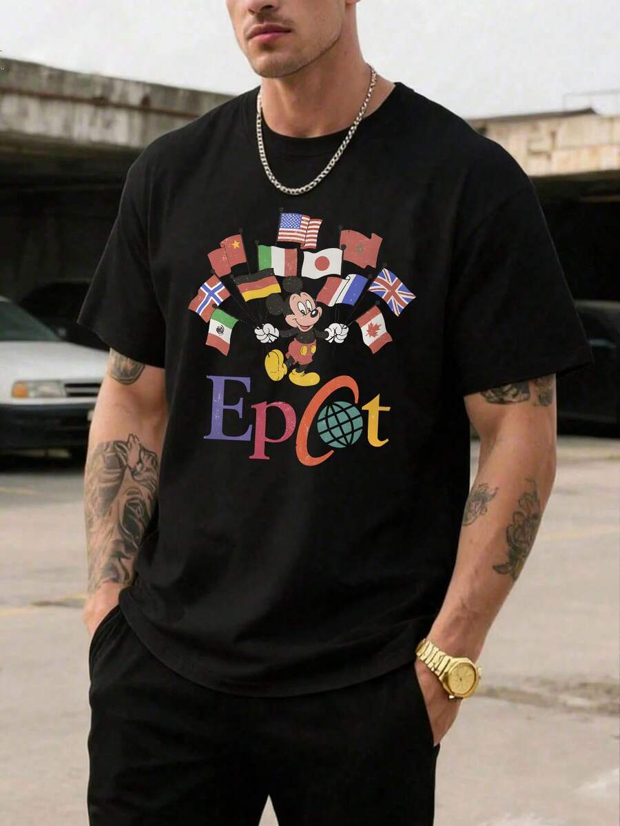 Men's Disney Casual T-Shirt, Epcot World Flags Mickey Mouse Print, Global Theme Design, Comfortable Soft Fabric, Perfect For Theme Park Visits - màu đen - Xem 1