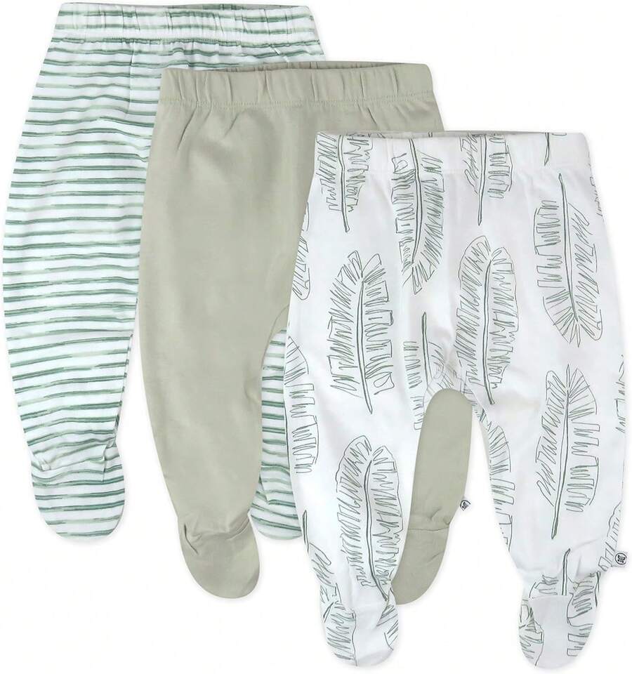 ¡RecomendadoHonestBaby Paquete de 3 Pantalones harén con Patas de algodón orgánico.Pantalones para bebés Unisex¡Top de Temporada - Salvia de hoja gigante - Ver 1