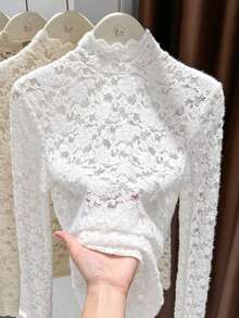 2025新款杏色高领蕾丝吊带背心，女士多层网纱上衣，优雅休闲春季白色 - 白色 - 查看 5