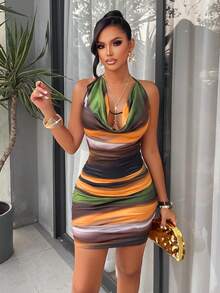 AIJ Amarilo 女士休闲派对修身迷你连衣裙，无袖高领露背针织面料，中等弹力，铅笔裙摆 - 彩色 - 查看 3