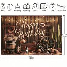 2D西部牛仔主题背景 - 复古木墙搭配串灯设计，带有“生日快乐”标牌，适用于生日派对、婚礼、乡村家居装饰、室内/户外活动、多功能节日庆典装饰、拍照道具，是活动策划者的必备之选。 - 彩色 - 查看 6