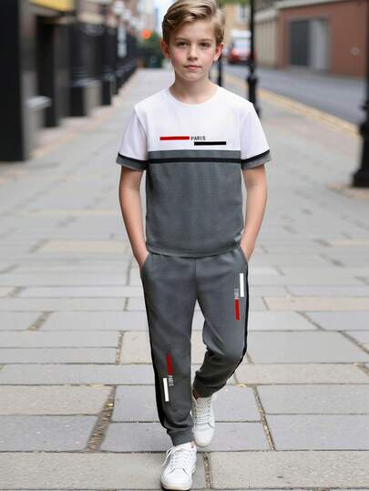 Boys' Athleisure 2 Pieces Set, White & Gray Color Block + PARIS Print T-Shirt + Tapered Pants, Suitable For School, Casual Wear, Commuting, & Comfortable Co-Ord Set