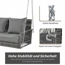 Swing, Garden Swing, Outdoor Garden Furniture Set, Grey Rattan, Grey Seat Cushion, 2 Seats, With Seat And Back Cushions, Removable And Washable - C - View 6