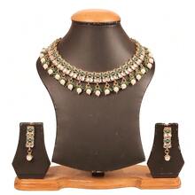 Jewelry Sets For Women Temple Necklace Set Kundan Polki Wedding Gre1en Faux Emerald Pearl Bollywood Style Antique Gold Artificial Bridal Desi Traditional  Accessories - D650Gre1en&Pearl - 查看 9