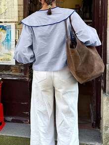 女士系领荷叶边喇叭袖衬衫，甜美优雅的淑女风格，适合上学、聚会、婚礼、海滩、度假等场合，天蓝色 - 天藍 - 查看 3