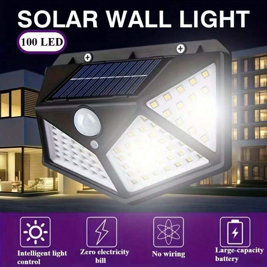 Đèn tường LED năng lượng mặt trời cảm biến chuyển động 100 bóng, pin Li-Ion sạc tích hợp, sạc bằng tấm pin mặt trời, không tiêu thụ điện năng, đèn ngoài trời 3 chế độ chiếu sáng, cảm biến ánh sáng tự động bật/tắt, đèn ngủ LED an toàn, thích hợp cho sân hiên, ban công, nhà để xe, chuồng ngựa, vườn, lối vào nhà, lý tưởng cho Ngày Valentine, Ngày của Mẹ, mùa cưới, mùa tựu trường, Giáng sinh, Halloween.